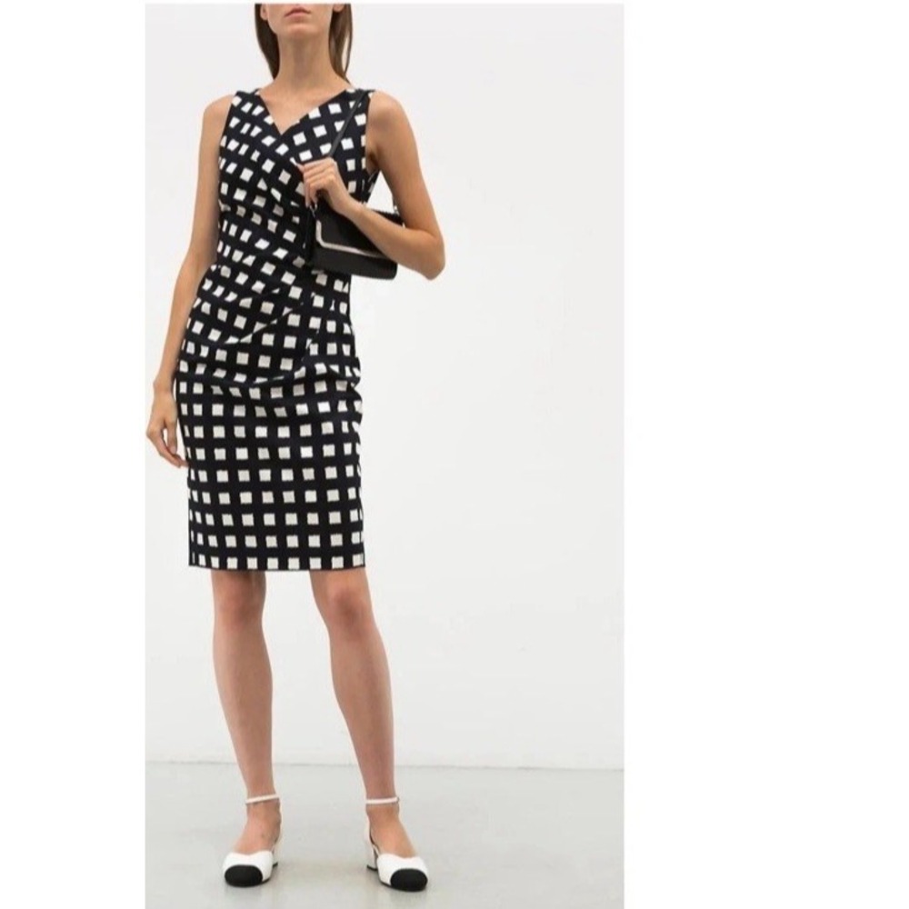 Max Mara Sheath Dress Navy Blue Check Ruched V-Neck Italy, Size 8